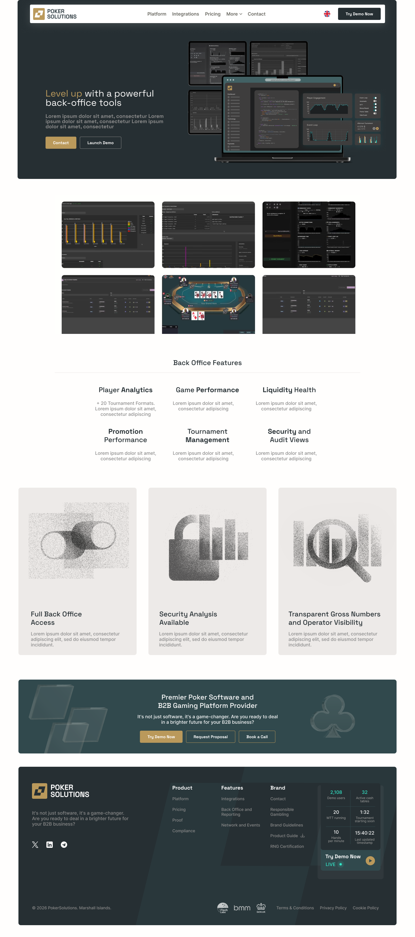 PokerSolutions back office and poker lobby interface with tables and tournaments